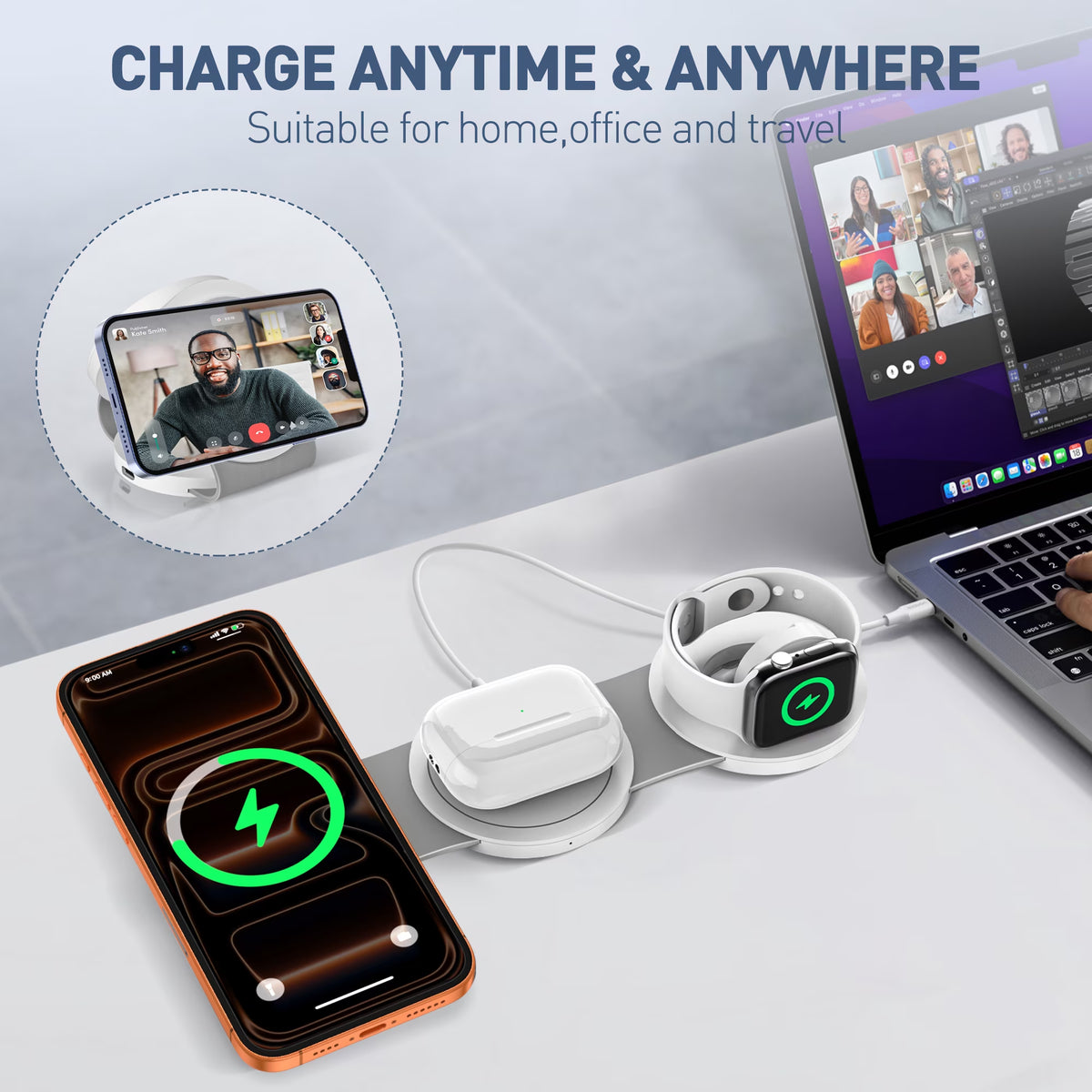 Wireless Charger for Iphone, 3 in 1 Charging Station for Iphone Devices, 15W Fast Wireless Charger Stand for Iphone 16 15 14 13 12 Pro Max, Charging Pad for Airpods 3/2/Pro, Iwatch 9/8/7/6/SE/5/4