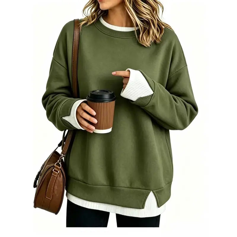 Women’S Oversized Layered Look Sweatshirt, Gray Crew Neck Long Sleeve Pullover with Contrast White Cuffs & Hem, Side Slit Casual Top, Loose Fit Fall Winter Sweatshirt for Travel, Lounge, Work & Everyday Wear S-3XL