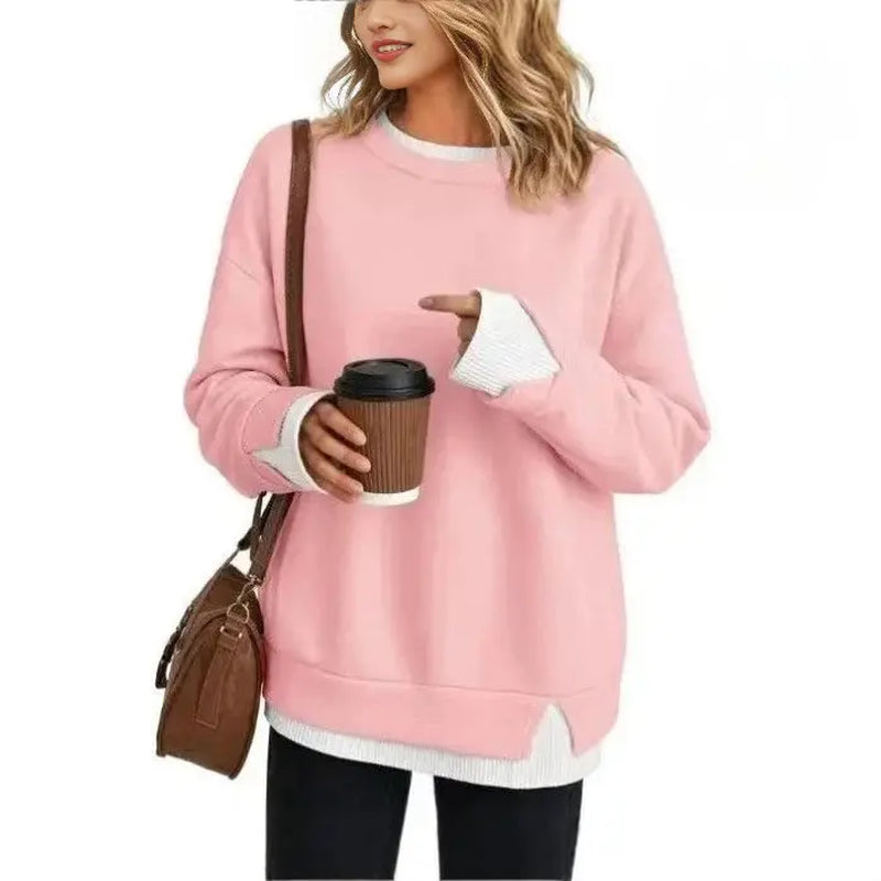 Women’S Oversized Layered Look Sweatshirt, Gray Crew Neck Long Sleeve Pullover with Contrast White Cuffs & Hem, Side Slit Casual Top, Loose Fit Fall Winter Sweatshirt for Travel, Lounge, Work & Everyday Wear S-3XL