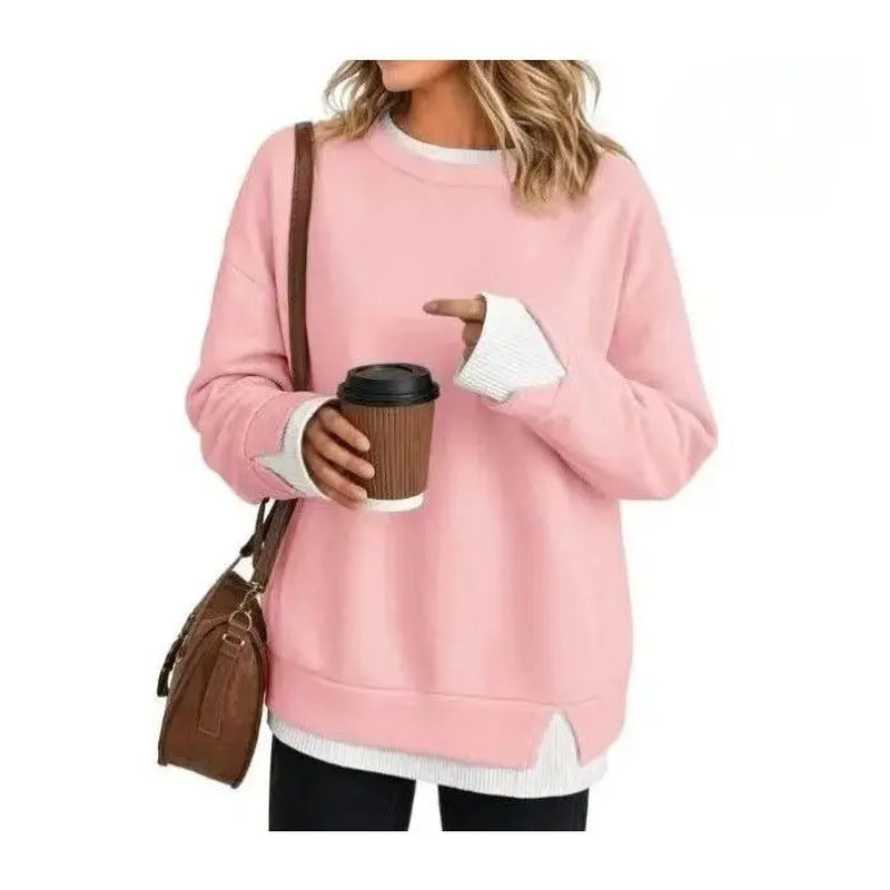Women’S Oversized Layered Look Sweatshirt, Gray Crew Neck Long Sleeve Pullover with Contrast White Cuffs & Hem, Side Slit Casual Top, Loose Fit Fall Winter Sweatshirt for Travel, Lounge, Work & Everyday Wear S-3XL