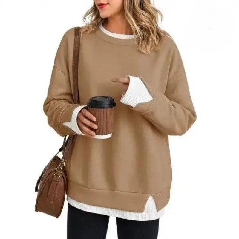 Women’S Oversized Layered Look Sweatshirt, Gray Crew Neck Long Sleeve Pullover with Contrast White Cuffs & Hem, Side Slit Casual Top, Loose Fit Fall Winter Sweatshirt for Travel, Lounge, Work & Everyday Wear S-3XL