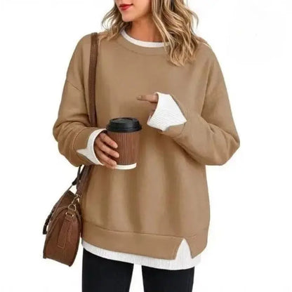 Women’S Oversized Layered Look Sweatshirt, Gray Crew Neck Long Sleeve Pullover with Contrast White Cuffs & Hem, Side Slit Casual Top, Loose Fit Fall Winter Sweatshirt for Travel, Lounge, Work & Everyday Wear S-3XL