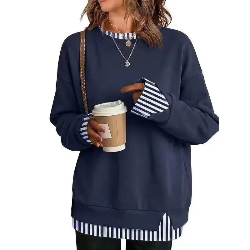 Women’S Oversized Layered Look Sweatshirt, Gray Crew Neck Long Sleeve Pullover with Contrast White Cuffs & Hem, Side Slit Casual Top, Loose Fit Fall Winter Sweatshirt for Travel, Lounge, Work & Everyday Wear S-3XL