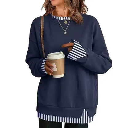 Women’S Oversized Layered Look Sweatshirt, Gray Crew Neck Long Sleeve Pullover with Contrast White Cuffs & Hem, Side Slit Casual Top, Loose Fit Fall Winter Sweatshirt for Travel, Lounge, Work & Everyday Wear S-3XL