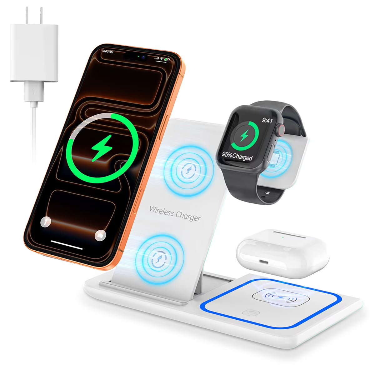 Wireless Charging Station, 18W 3 in 1 Charger Station, Fast Charging Dock Stand for Iwatch Series 11/10/9/8/7/6/SE/5/4/3, Compatible for Iphone 17/16 15 14 13 12 11 Pro Max/Samsung/ Airpod