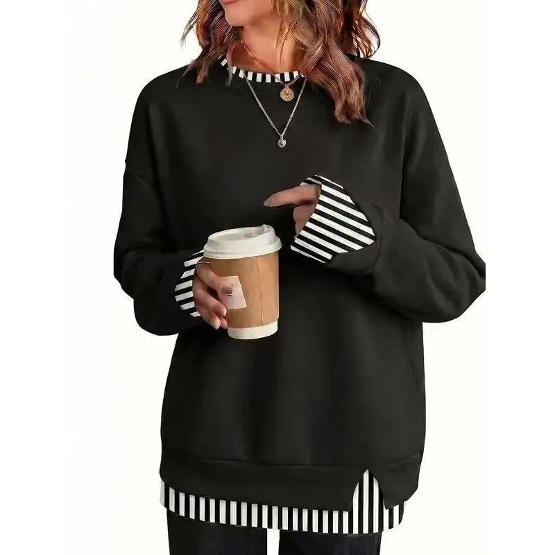 Women’S Oversized Layered Look Sweatshirt, Gray Crew Neck Long Sleeve Pullover with Contrast White Cuffs & Hem, Side Slit Casual Top, Loose Fit Fall Winter Sweatshirt for Travel, Lounge, Work & Everyday Wear S-3XL