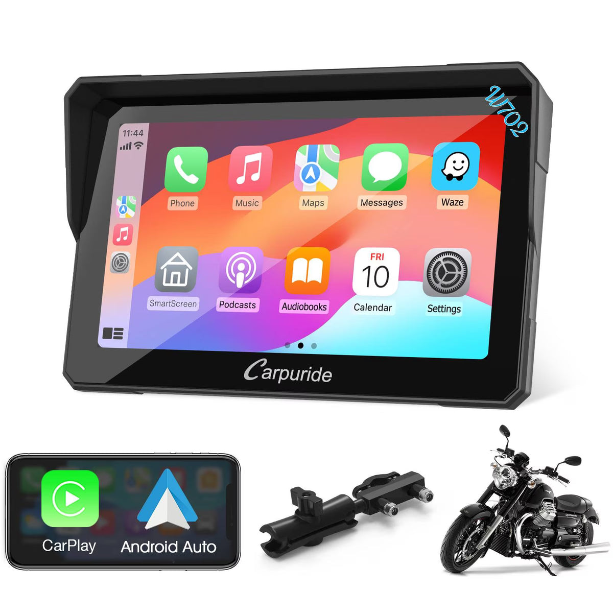 Carplay & Android Auto，Ip67 Smart Screen for Motorcycle Stereo, Light Sensor（702） ﻿