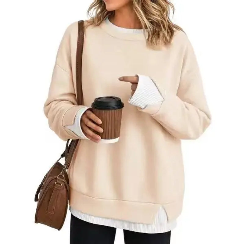 Women’S Oversized Layered Look Sweatshirt, Gray Crew Neck Long Sleeve Pullover with Contrast White Cuffs & Hem, Side Slit Casual Top, Loose Fit Fall Winter Sweatshirt for Travel, Lounge, Work & Everyday Wear S-3XL