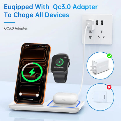 Wireless Charging Station, 18W 3 in 1 Charger Station, Fast Charging Dock Stand for Iwatch Series 11/10/9/8/7/6/SE/5/4/3, Compatible for Iphone 17/16 15 14 13 12 11 Pro Max/Samsung/ Airpod