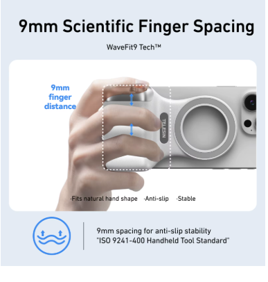 Phone camera grip showing finger spacing and contoured handle