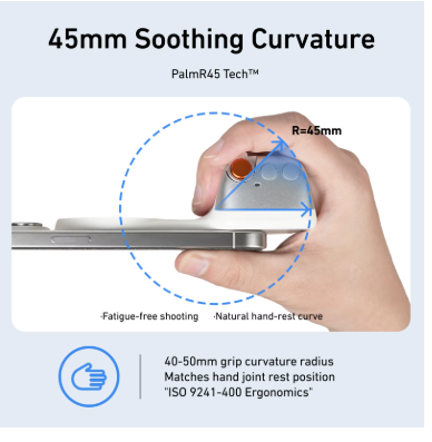 Diagram showing the curved phone grip resting in a hand