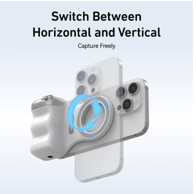 Magnetic phone grip switching between portrait and landscape orientations