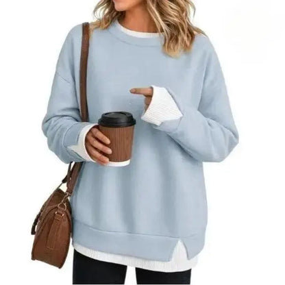 Women’S Oversized Layered Look Sweatshirt, Gray Crew Neck Long Sleeve Pullover with Contrast White Cuffs & Hem, Side Slit Casual Top, Loose Fit Fall Winter Sweatshirt for Travel, Lounge, Work & Everyday Wear S-3XL