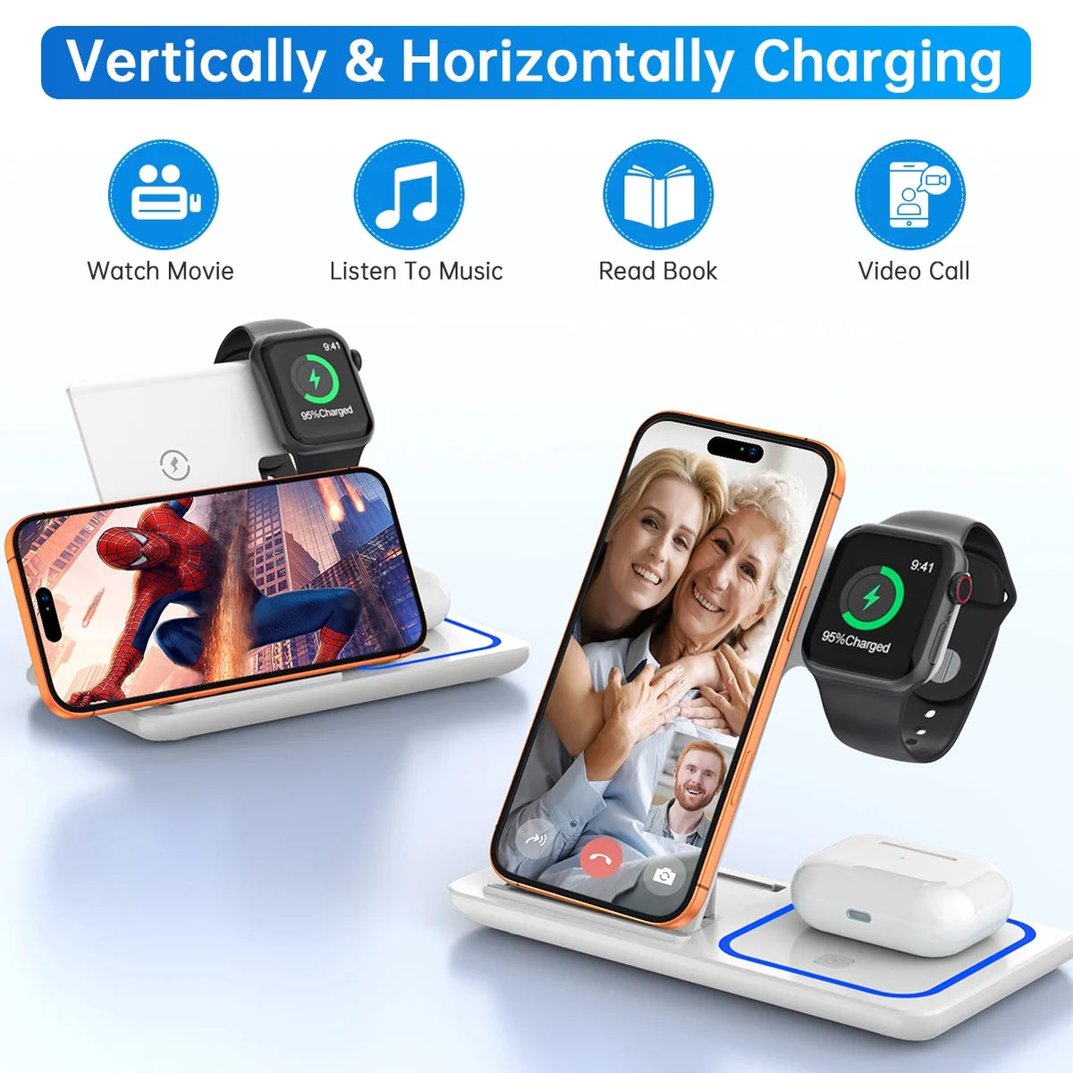 Wireless Charging Station, 18W 3 in 1 Charger Station, Fast Charging Dock Stand for Iwatch Series 11/10/9/8/7/6/SE/5/4/3, Compatible for Iphone 17/16 15 14 13 12 11 Pro Max/Samsung/ Airpod
