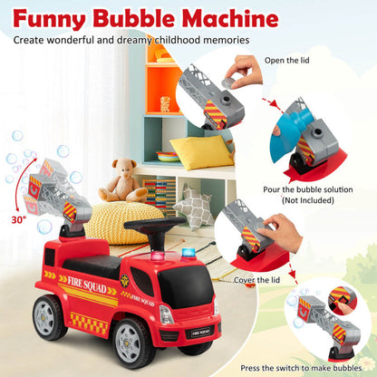 Kids Push Ride on Fire Truck with Ladder Bubble Maker and Headlights