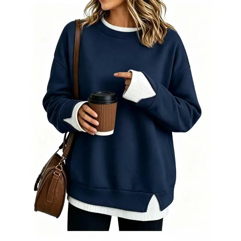 Women’S Oversized Layered Look Sweatshirt, Gray Crew Neck Long Sleeve Pullover with Contrast White Cuffs & Hem, Side Slit Casual Top, Loose Fit Fall Winter Sweatshirt for Travel, Lounge, Work & Everyday Wear S-3XL