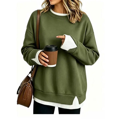 Women’S Oversized Layered Look Sweatshirt, Gray Crew Neck Long Sleeve Pullover with Contrast White Cuffs & Hem, Side Slit Casual Top, Loose Fit Fall Winter Sweatshirt for Travel, Lounge, Work & Everyday Wear S-3XL