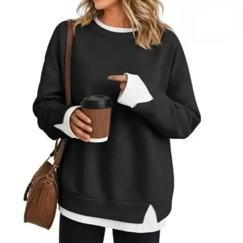 Women’S Oversized Layered Look Sweatshirt, Gray Crew Neck Long Sleeve Pullover with Contrast White Cuffs & Hem, Side Slit Casual Top, Loose Fit Fall Winter Sweatshirt for Travel, Lounge, Work & Everyday Wear S-3XL