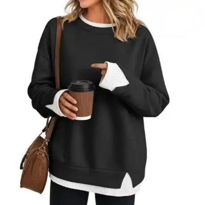 Women’S Oversized Layered Look Sweatshirt, Gray Crew Neck Long Sleeve Pullover with Contrast White Cuffs & Hem, Side Slit Casual Top, Loose Fit Fall Winter Sweatshirt for Travel, Lounge, Work & Everyday Wear S-3XL